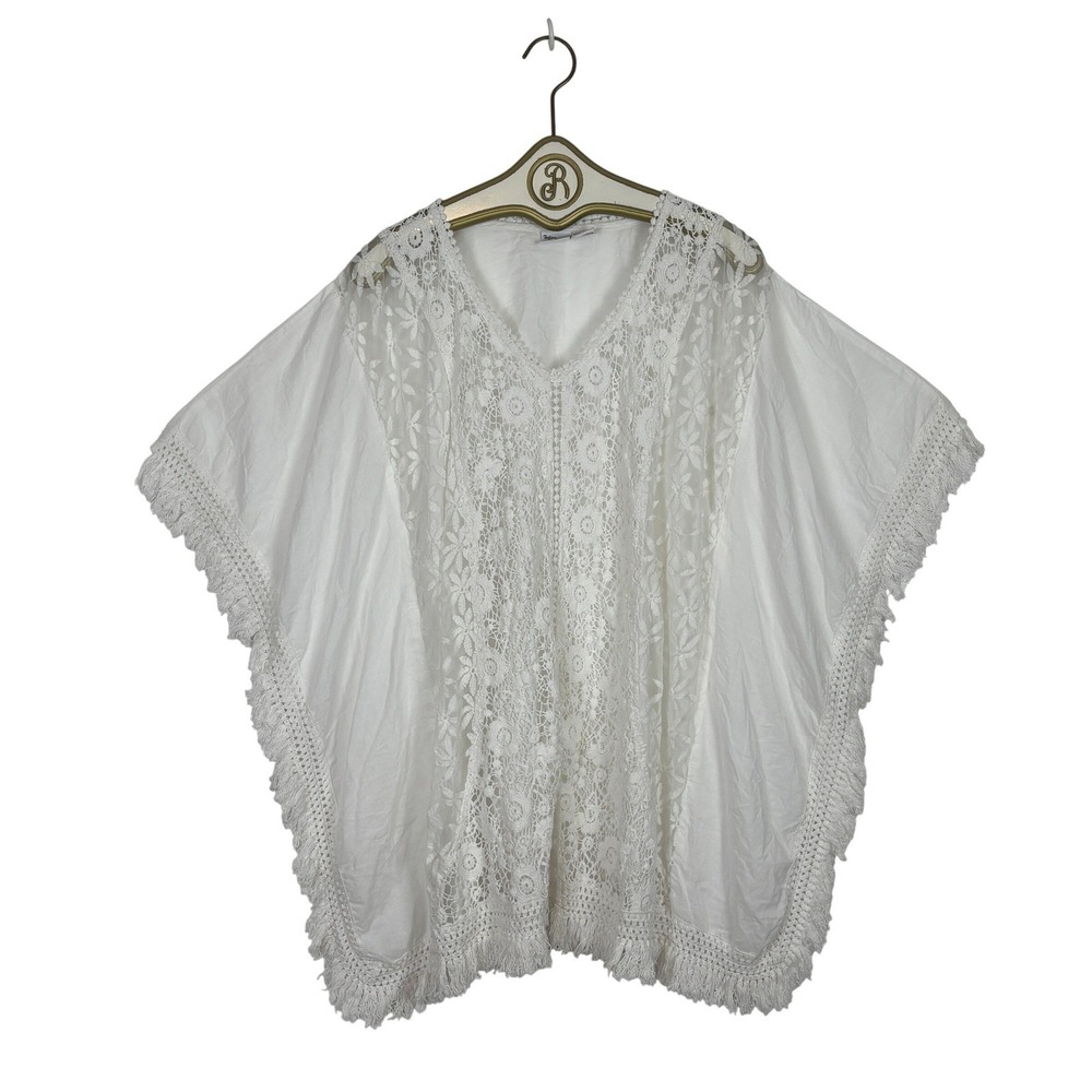 Beach Cover Up Kaftan Top White Boho Lace Fringe Crochet Summer Vacation L/XL